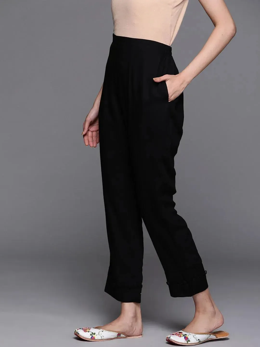 Black Solid Rayon Trousers