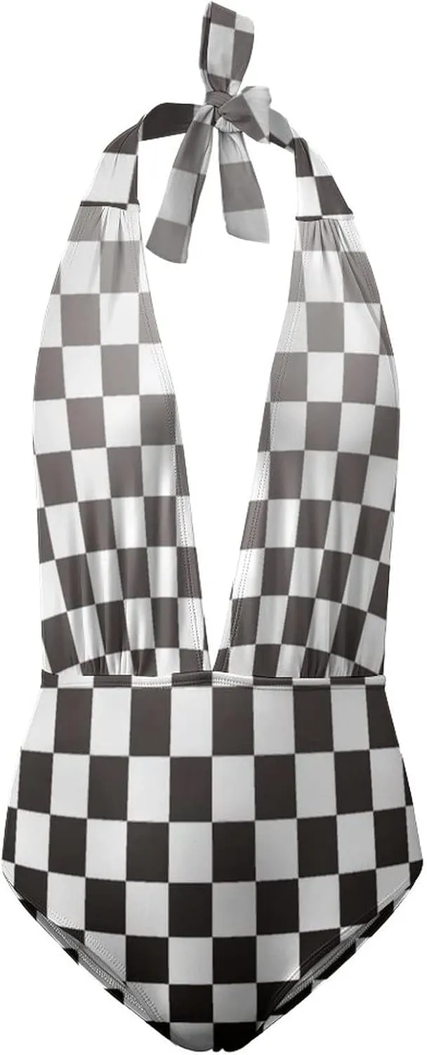 Black White Racing Checkered Flag Womens Deep V Neck Swimsuit One Piece Backless Bathing Suit Halter Tummy Control Swimwear
