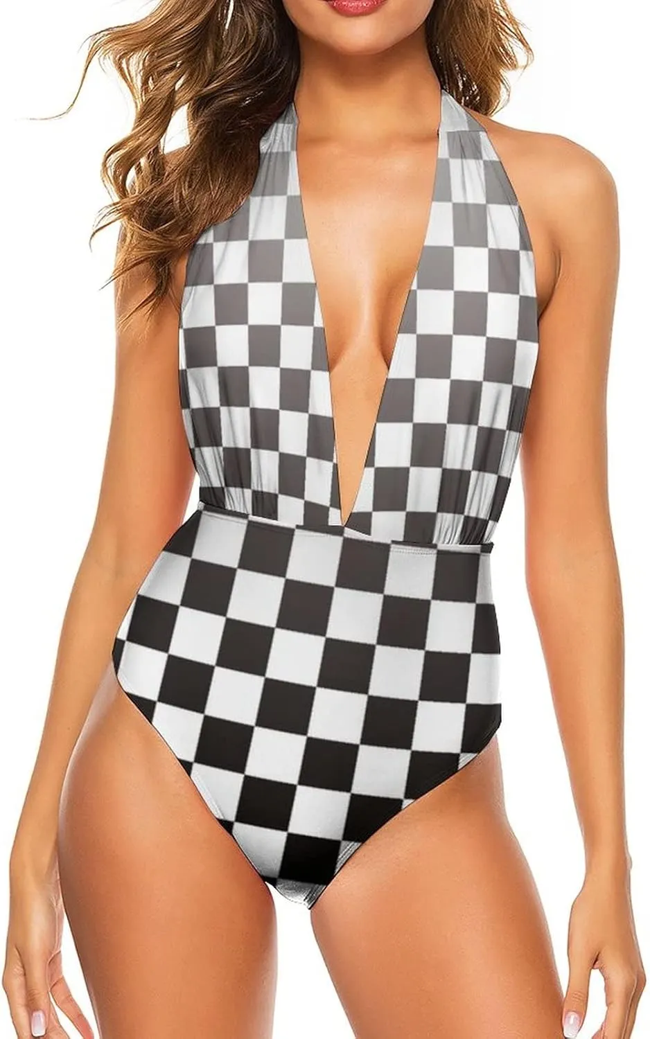 Black White Racing Checkered Flag Womens Deep V Neck Swimsuit One Piece Backless Bathing Suit Halter Tummy Control Swimwear
