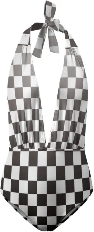 Black White Racing Checkered Flag Womens Deep V Neck Swimsuit One Piece Backless Bathing Suit Halter Tummy Control Swimwear