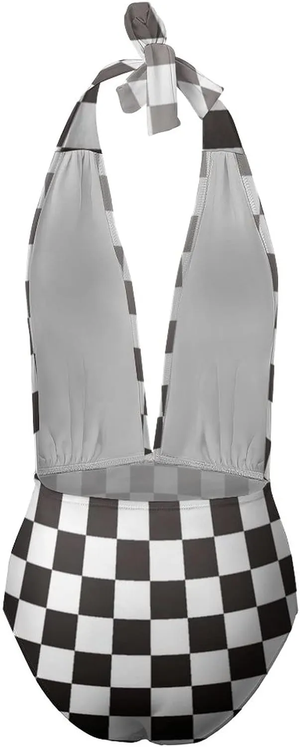 Black White Racing Checkered Flag Womens Deep V Neck Swimsuit One Piece Backless Bathing Suit Halter Tummy Control Swimwear