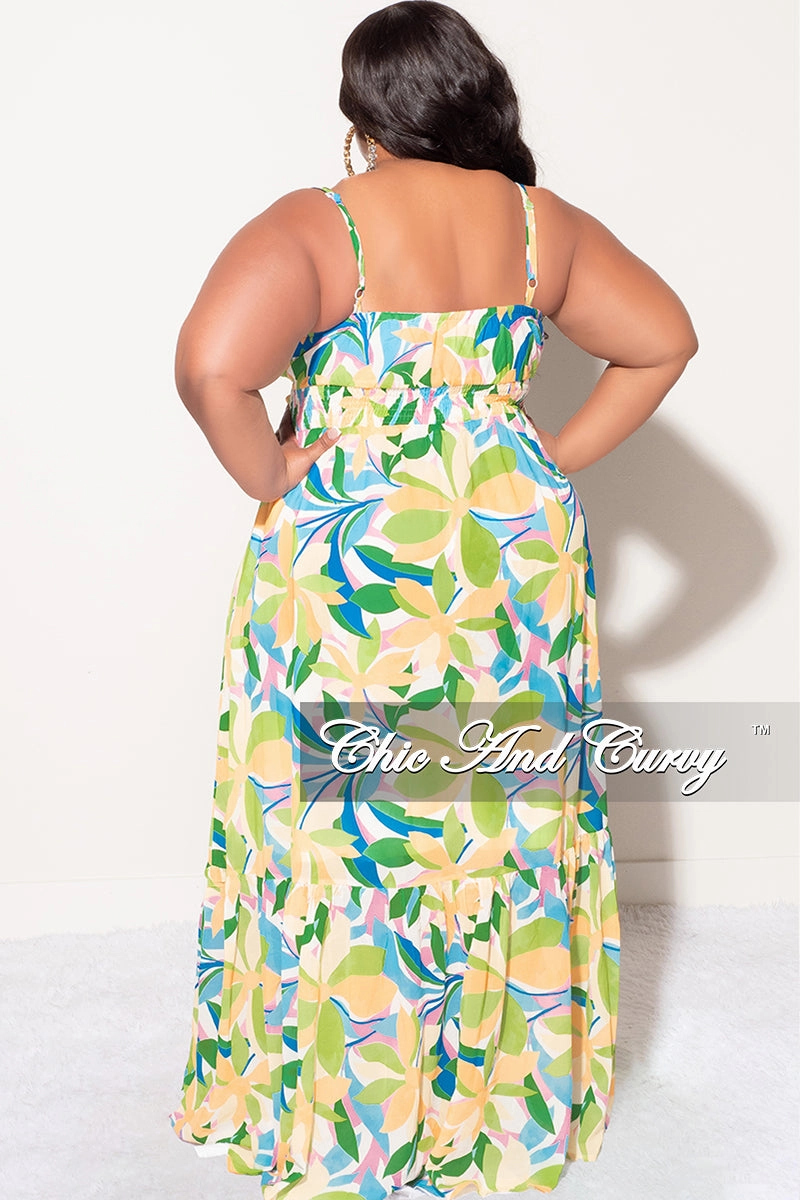 Final Sale Plus Size Sleeveless Tiered Maxi Dress In Yellow and Green Floral Multi Color Print Bonded Seam Technology Eco Friendly Dyeing