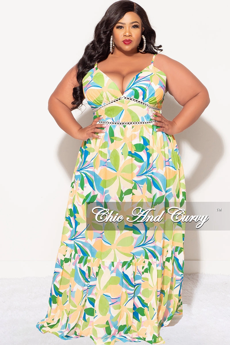 Travel Fit Final Sale Plus Size Sleeveless Tiered Maxi Dress In Yellow and Green Floral Multi Color Print