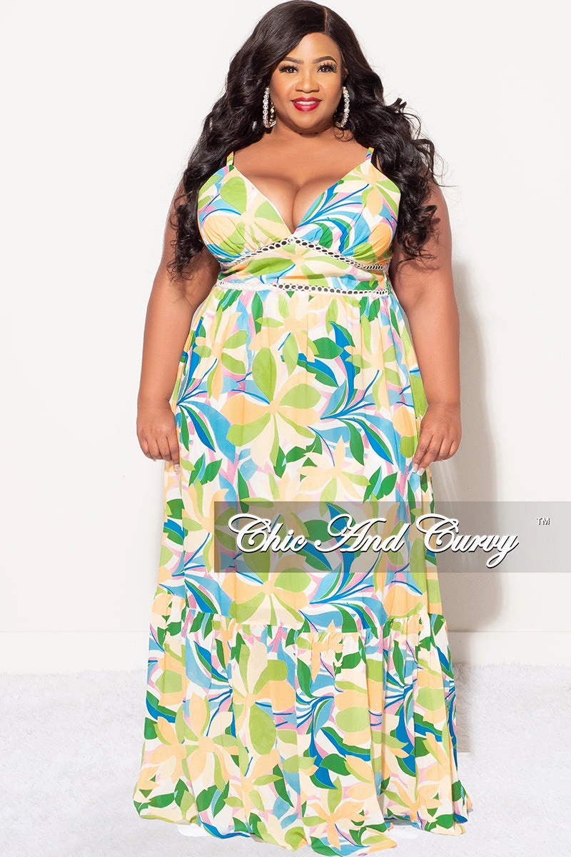 Final Sale Plus Size Sleeveless Tiered Maxi Dress In Yellow and Green Floral Multi Color Print Luxe Look Breathable mesh lining