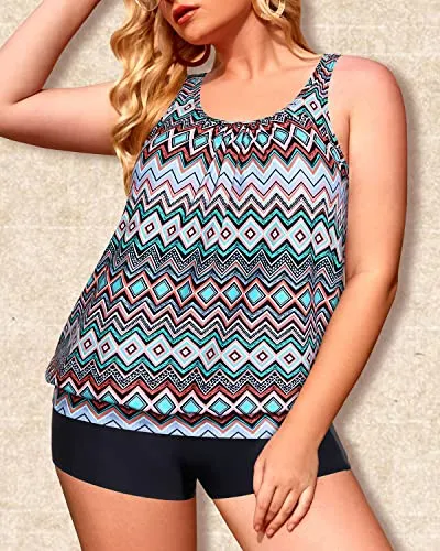 Blouson Tankini Tops Swim Shorts Sport Tankini Swimsuits For Women-Black Tribal