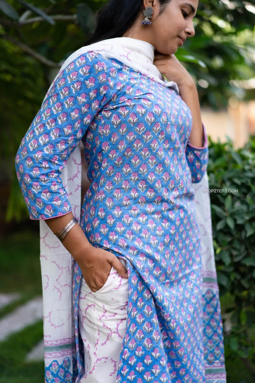 Blue & White Hand Block Printed Suit Set