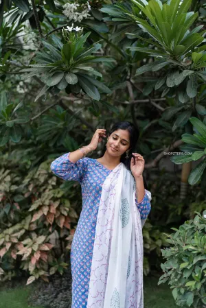Blue & White Hand Block Printed Suit Set