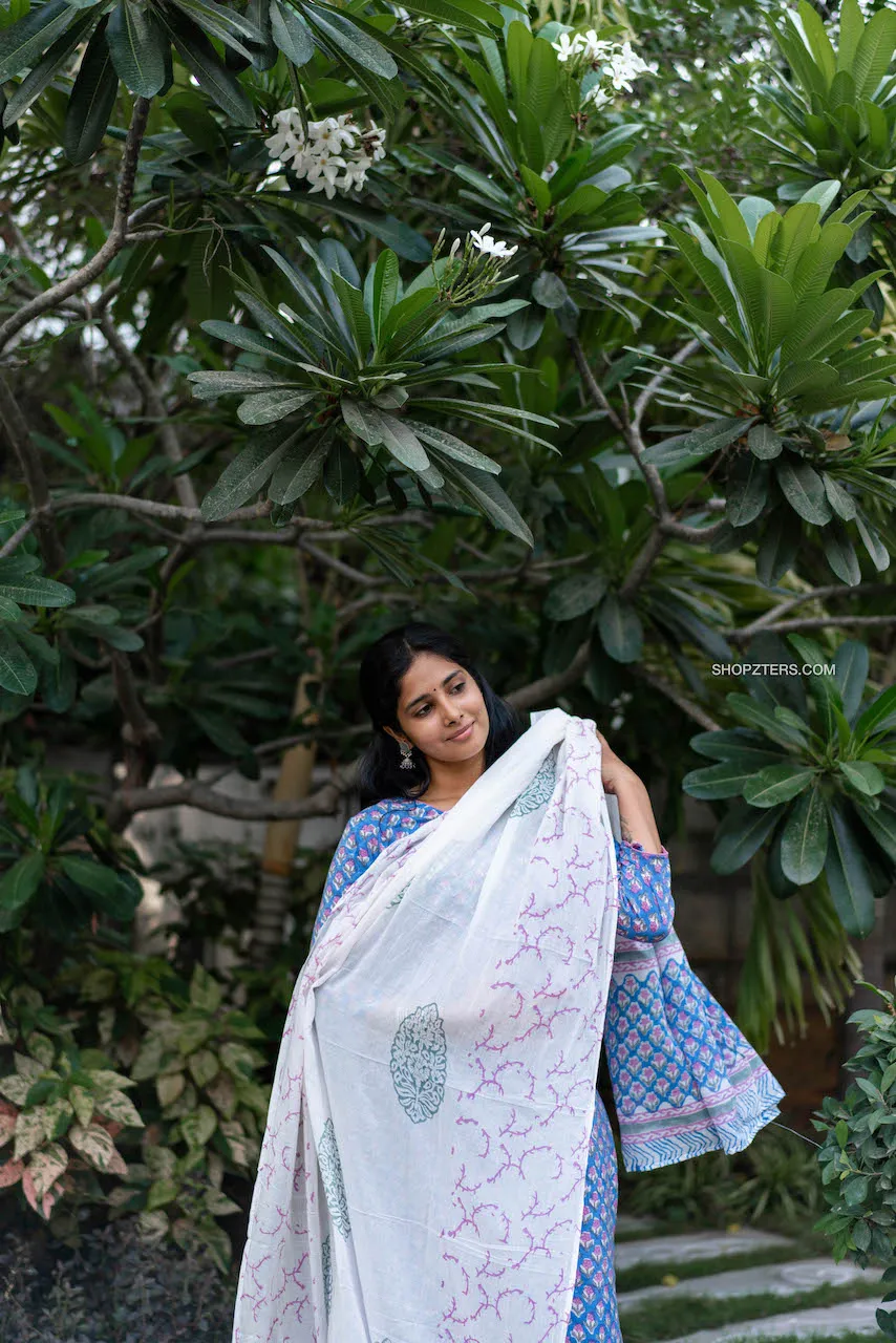 Blue & White Hand Block Printed Suit Set