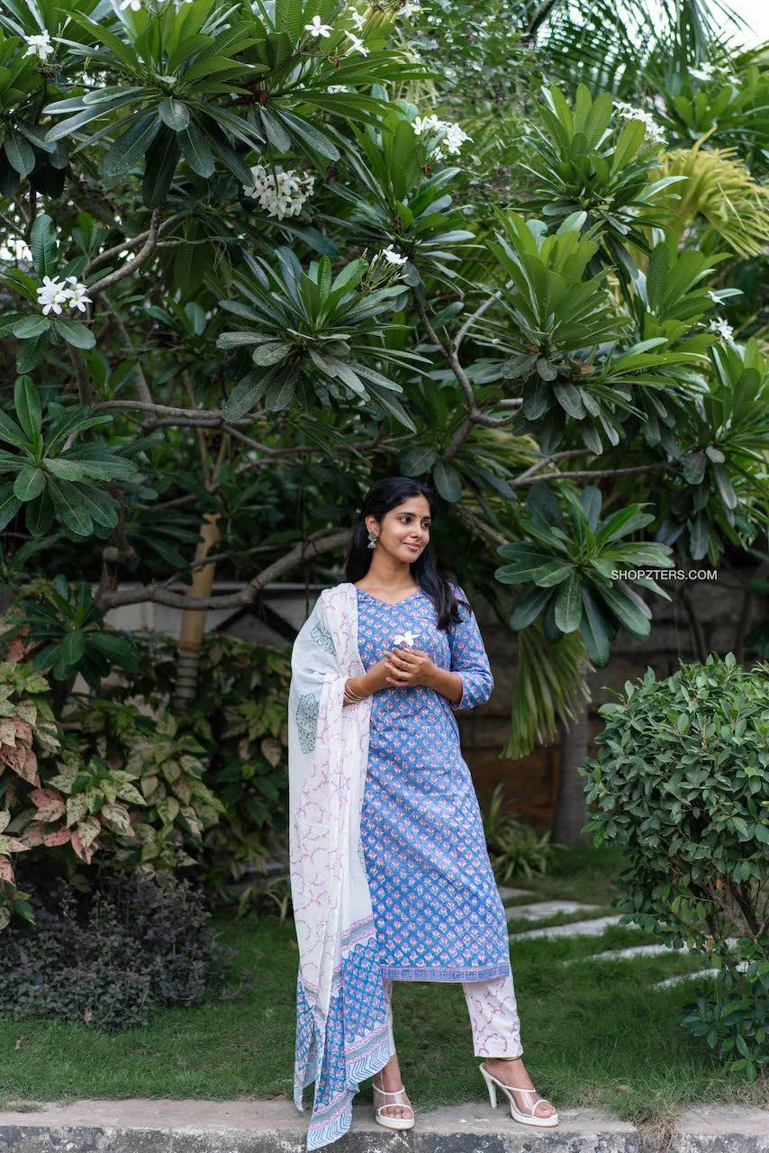 Blue & White Hand Block Printed Suit Set