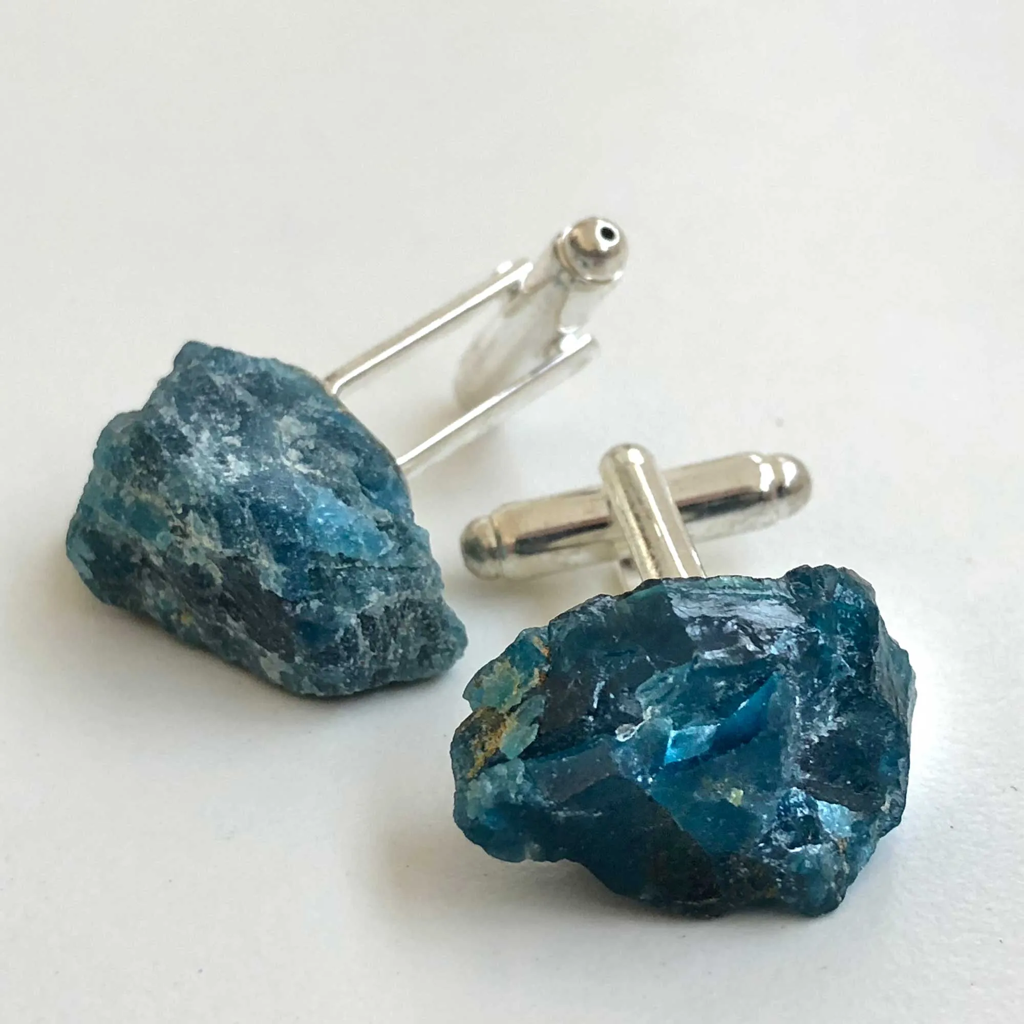 Blue Apatite Cufflinks, natural raw stone men's cufflinks