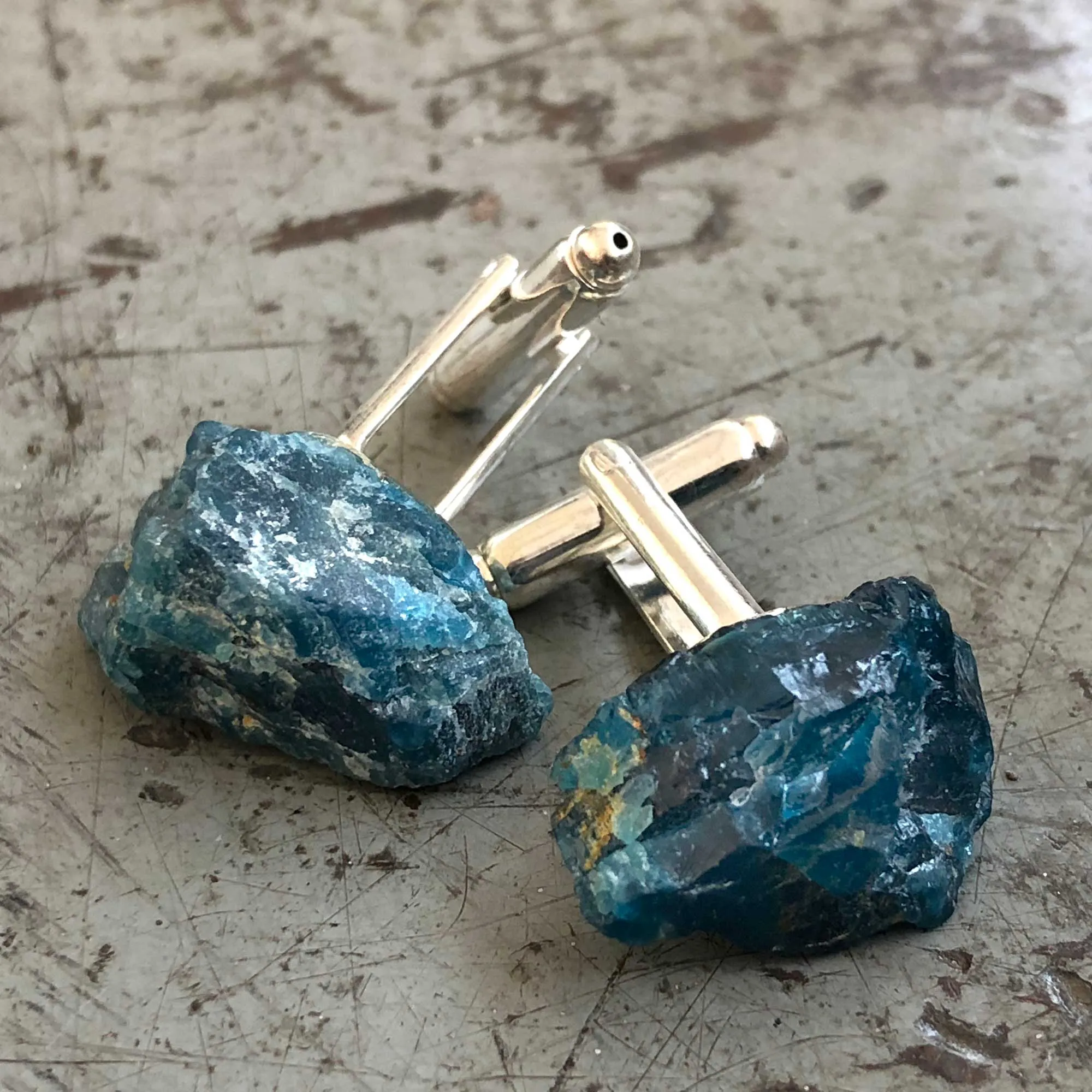 Blue Apatite Cufflinks, natural raw stone men's cufflinks