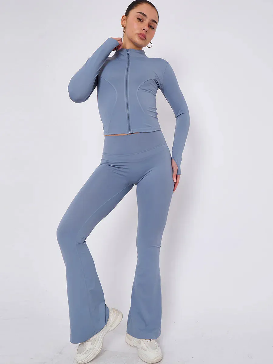 Blue Buttery Soft Ruched Contour Flare Trousers and Sports Jacket Co-Ord