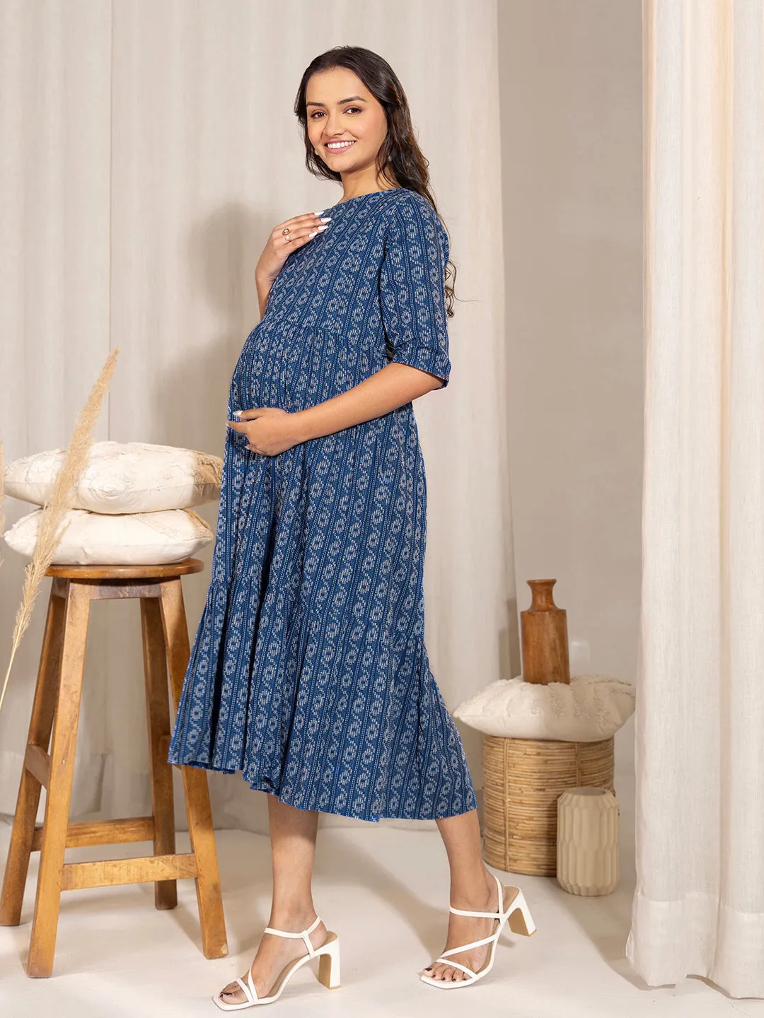 Blue Cotton Tiered Maternity Dress