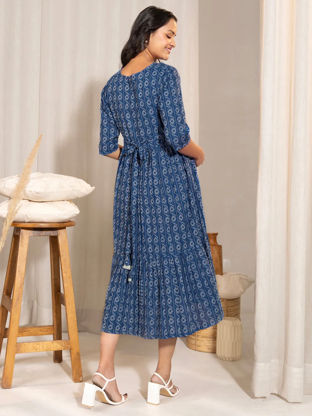 Blue Cotton Tiered Maternity Dress