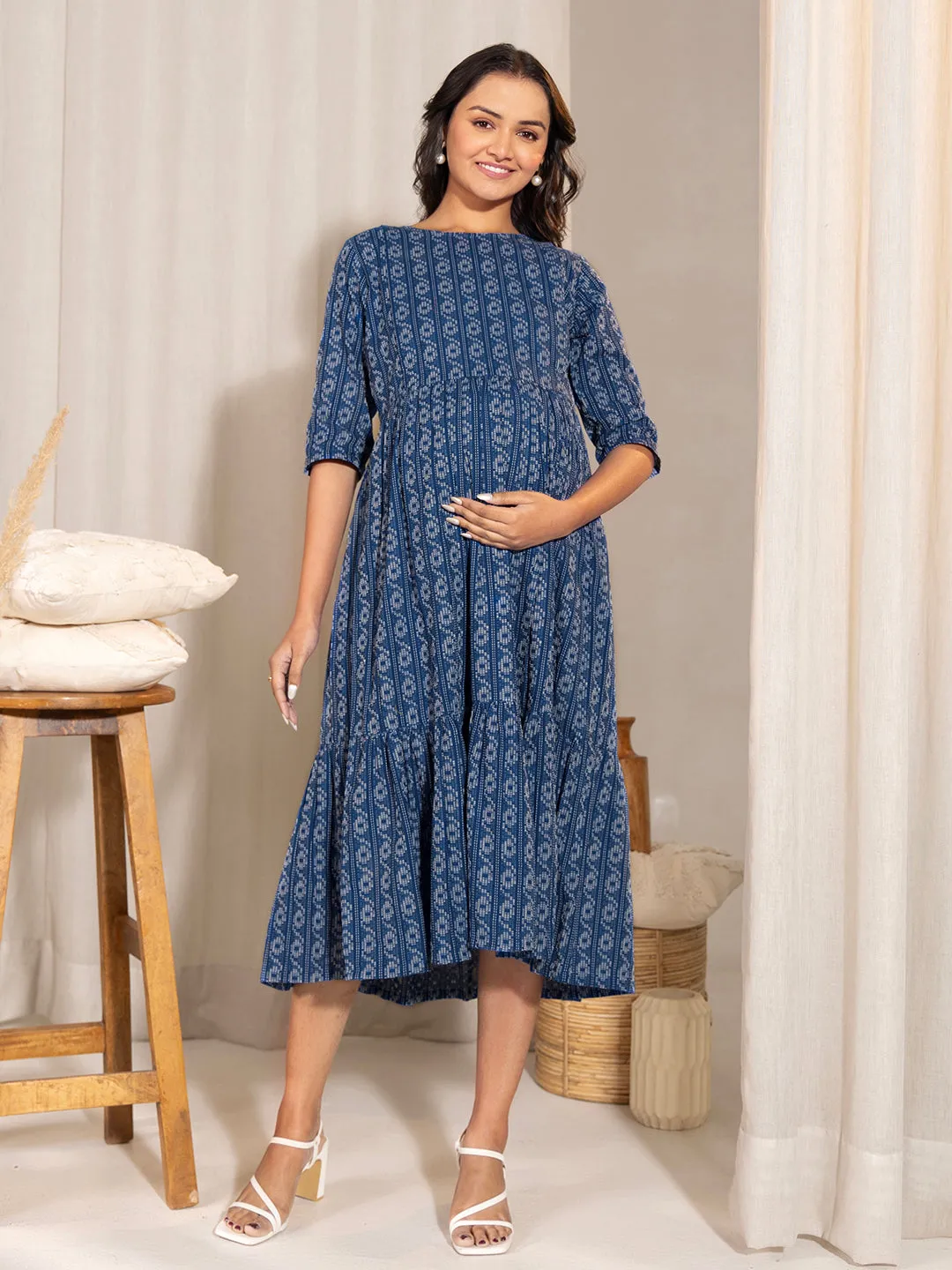 Blue Cotton Tiered Maternity Dress