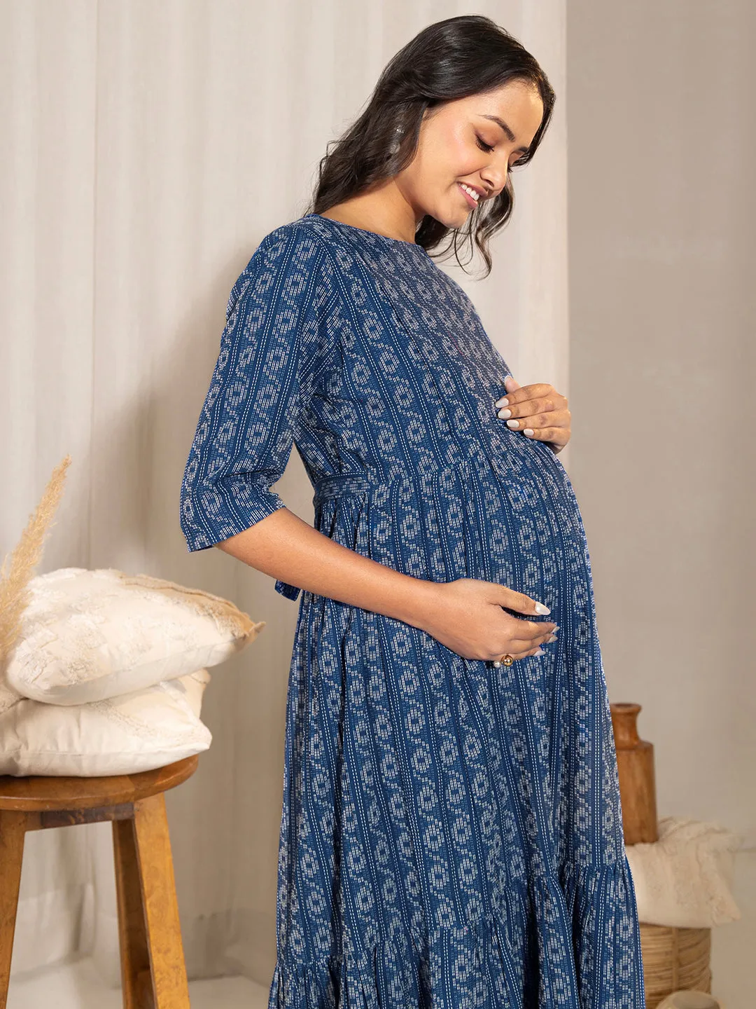 Blue Cotton Tiered Maternity Dress