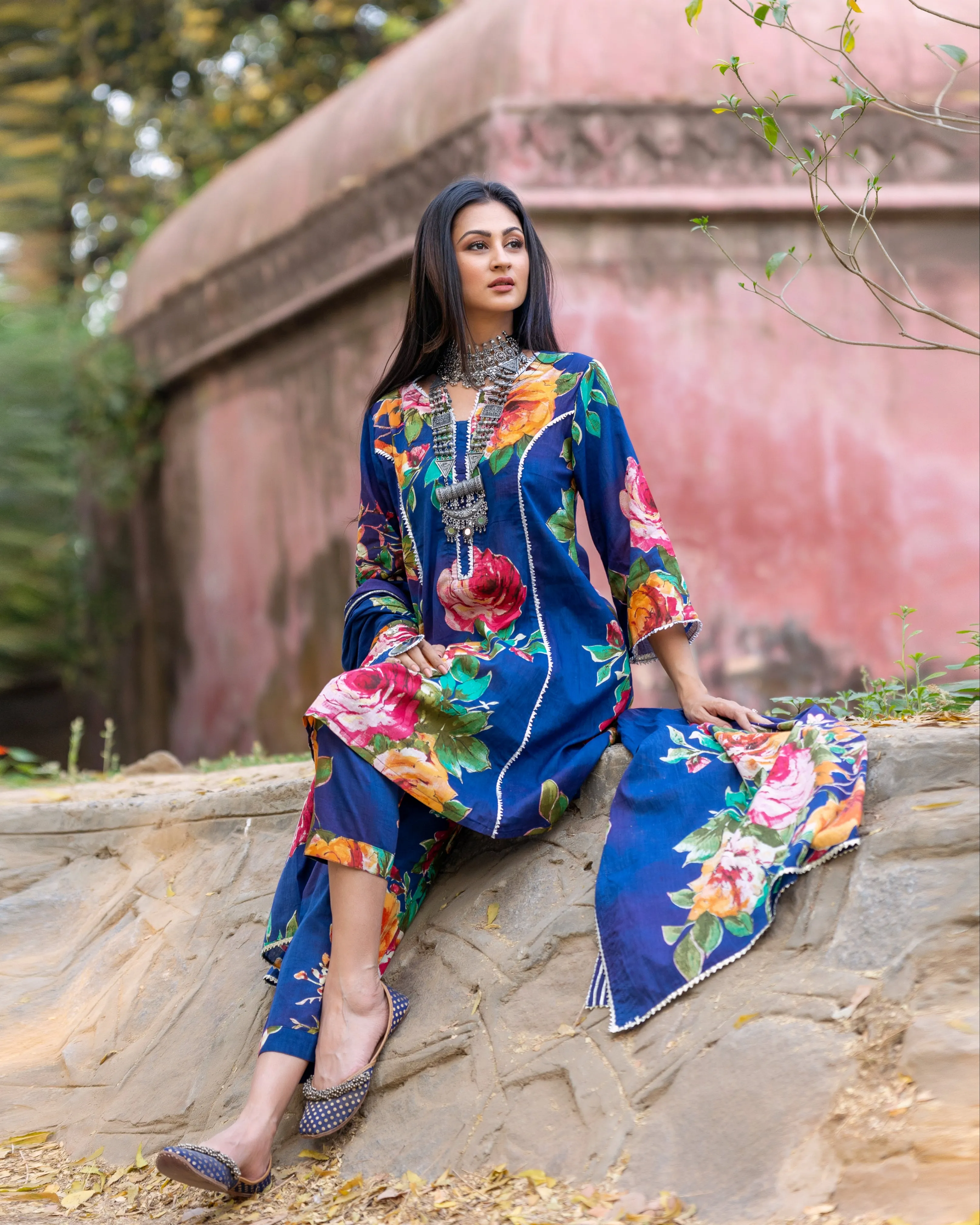 Blue Floral Print Suit Set
