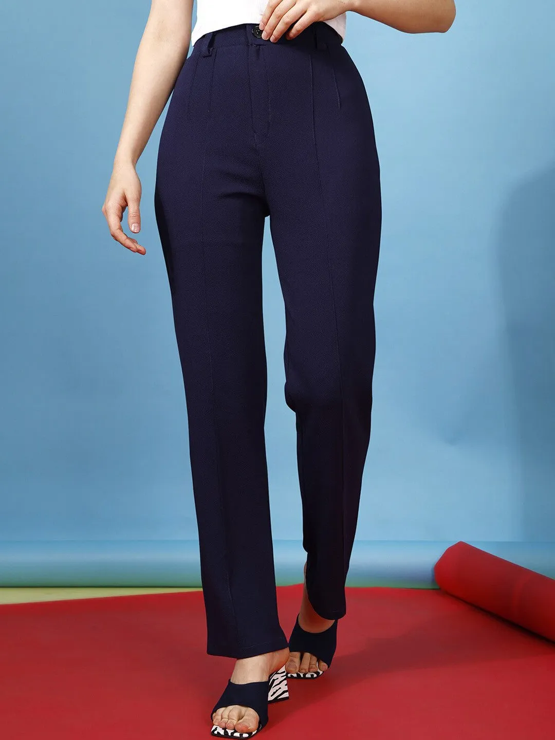 Blue Mid-Rise Regular Fit Flat-Front Trousers