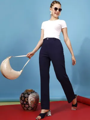 Blue Mid-Rise Regular Fit Flat-Front Trousers