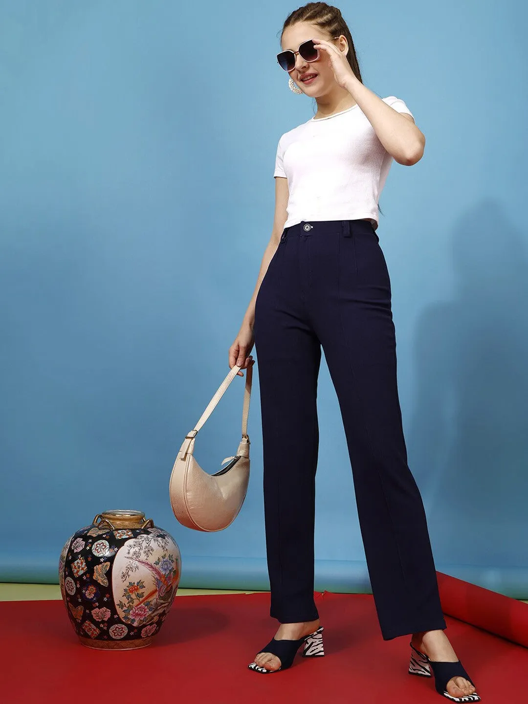 Blue Mid-Rise Regular Fit Flat-Front Trousers