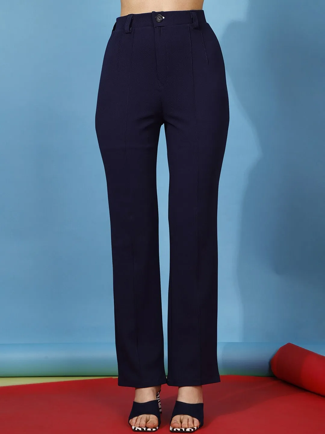 Blue Mid-Rise Regular Fit Flat-Front Trousers