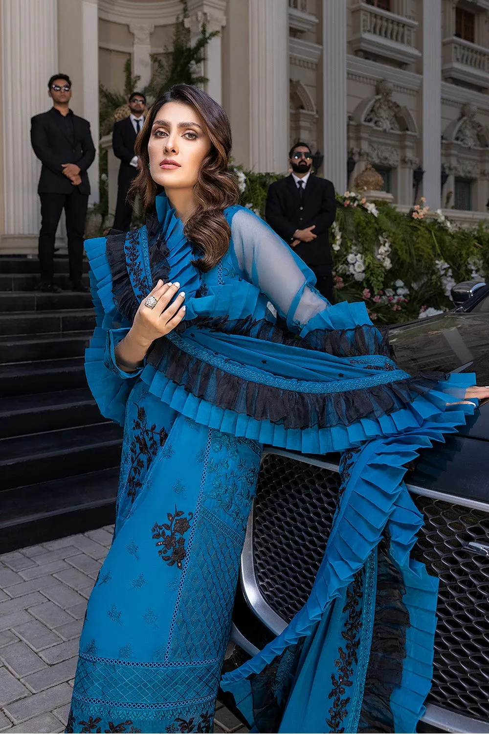 Blue Pakistani Dress with Black Embroidery Work #PF408