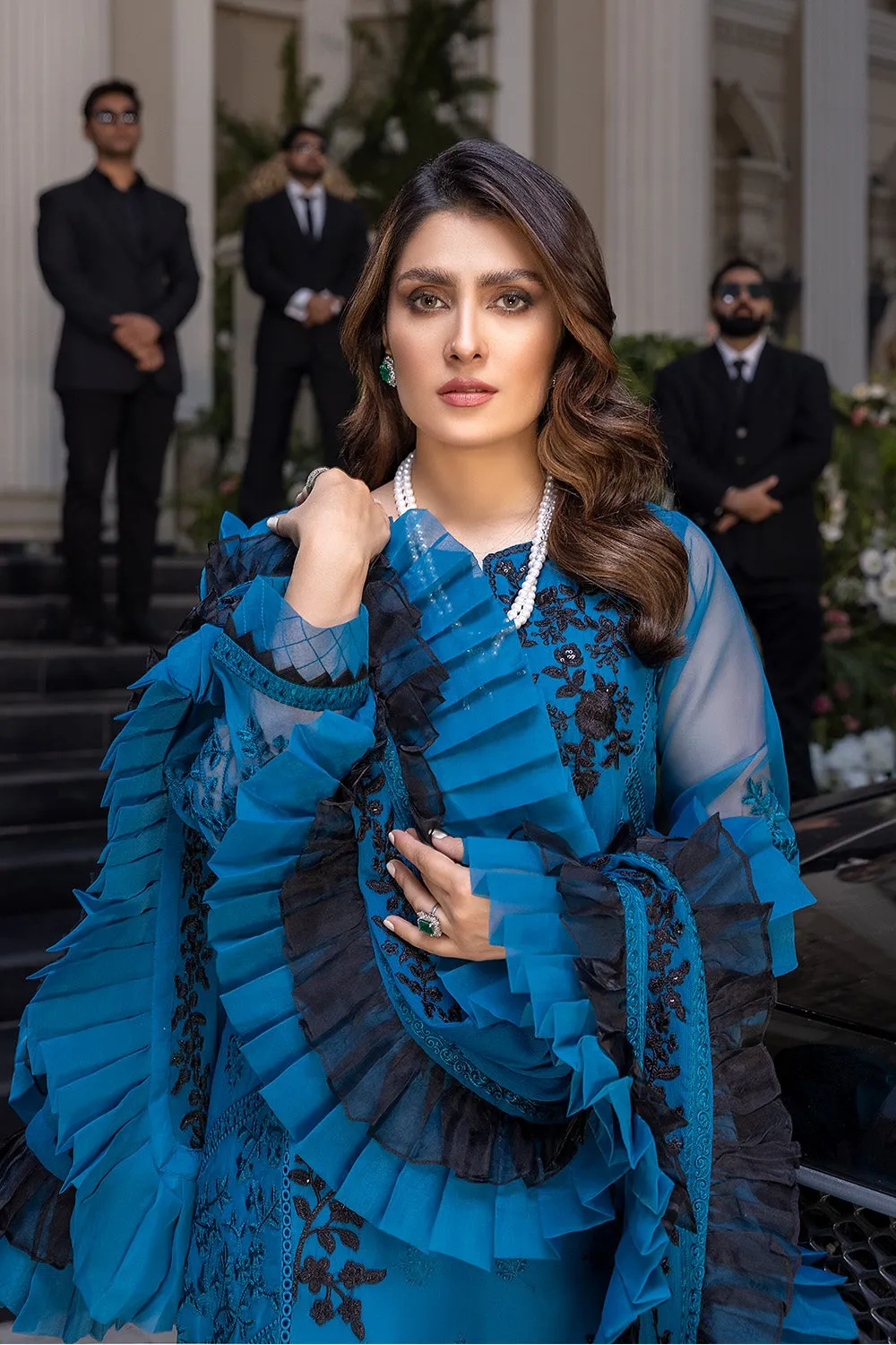 Blue Pakistani Dress with Black Embroidery Work #PF408