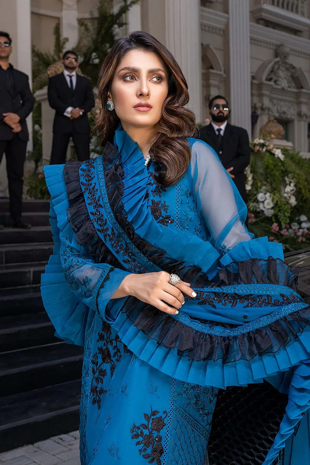 Blue Pakistani Dress with Black Embroidery Work #PF408