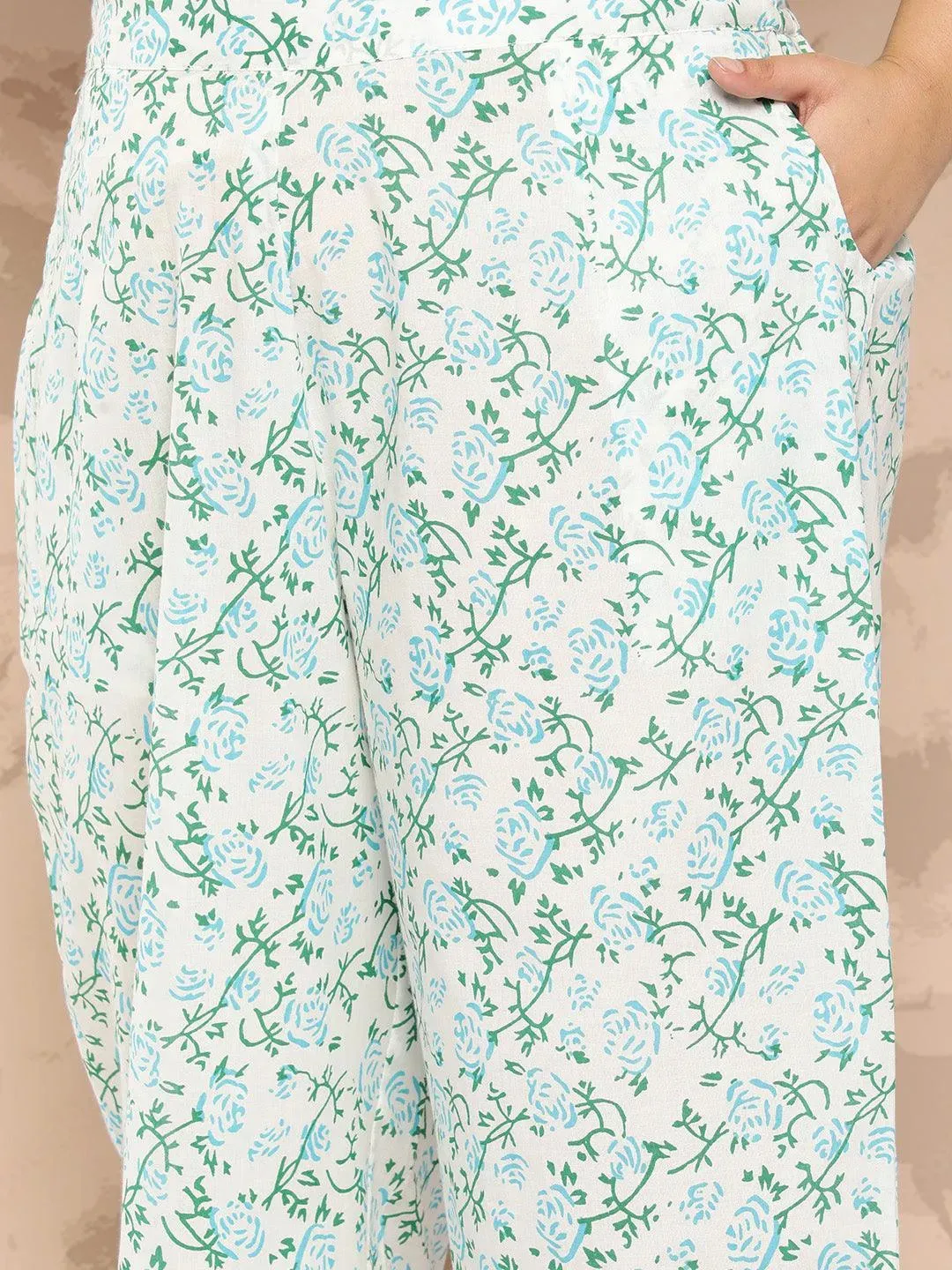 Blue Printed Cotton Straight Kurta With Trousers and Dupatta