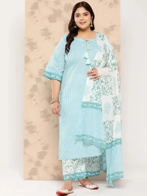 Blue Printed Cotton Straight Kurta With Trousers and Dupatta