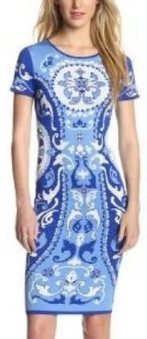 Blue Printed Jersey Silk Sheath Dress