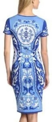 Blue Printed Jersey Silk Sheath Dress