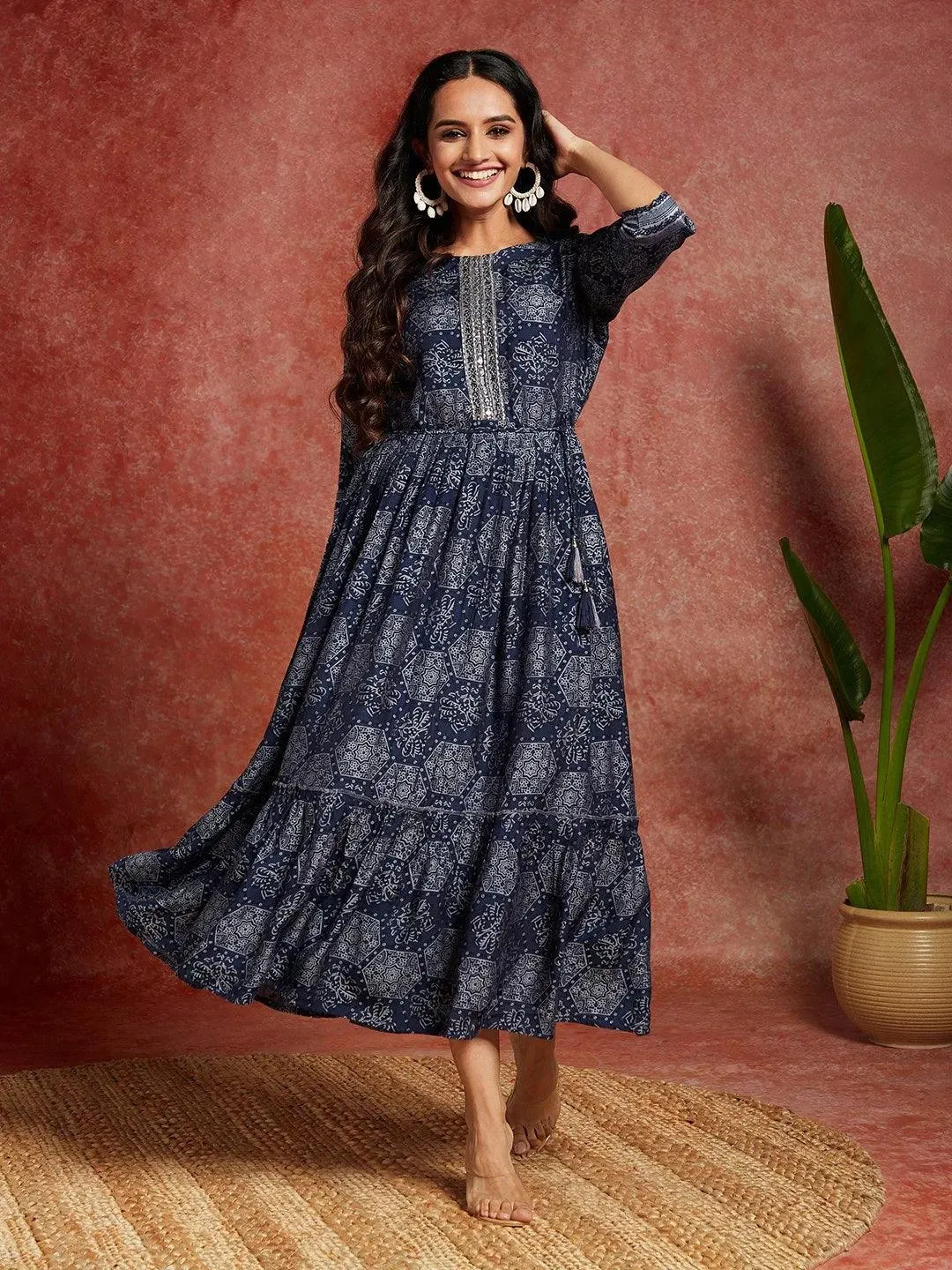 Blue Printed Silk Blend Fit and Flared Dress