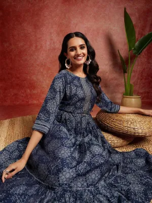 Blue Printed Silk Blend Fit and Flared Dress