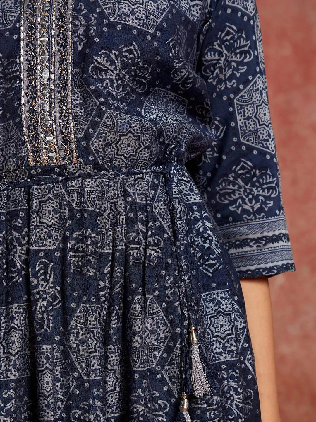 Blue Printed Silk Blend Fit and Flared Dress