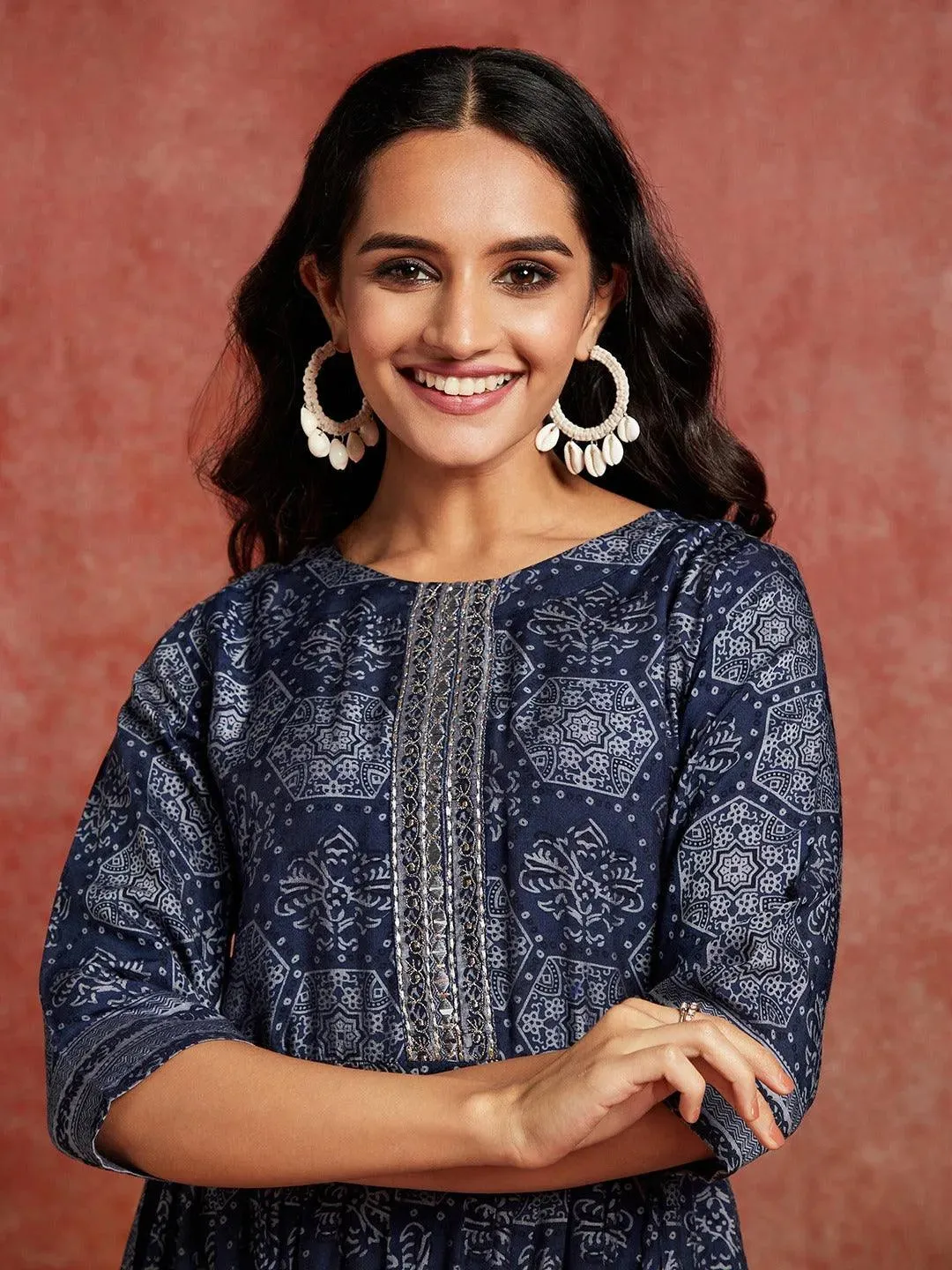 Blue Printed Silk Blend Fit and Flared Dress
