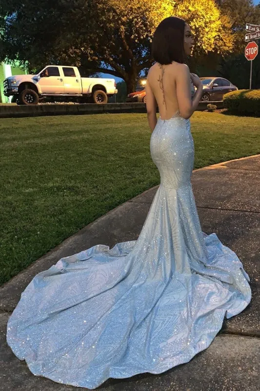 Blue Sequins Backless Long Mermaid Crystal Beaded Prom Dress