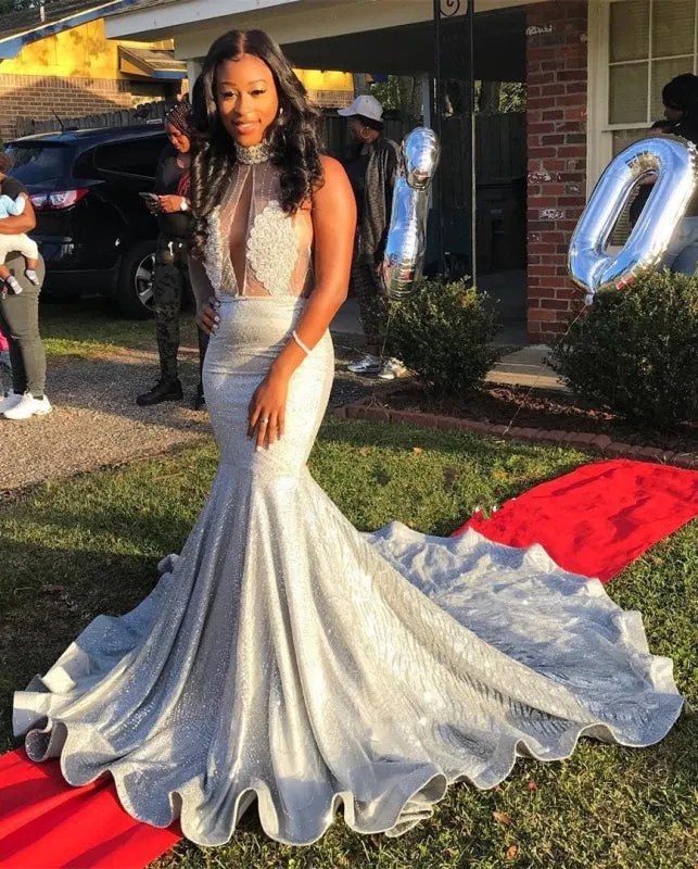 Blue Sequins Backless Long Mermaid Crystal Beaded Prom Dress