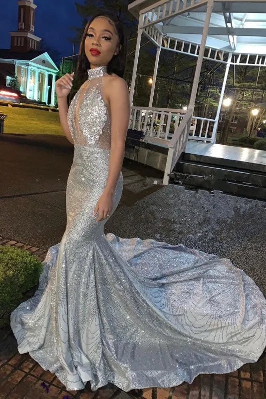 Blue Sequins Backless Long Mermaid Crystal Beaded Prom Dress