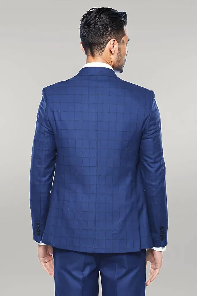 Blue Vested Suit With Plaid Blazer - Wessi