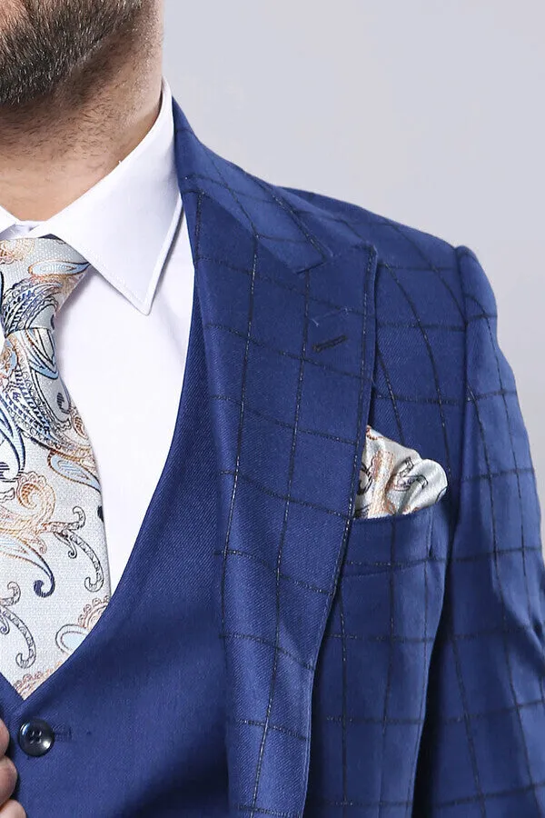 Blue Vested Suit With Plaid Blazer - Wessi