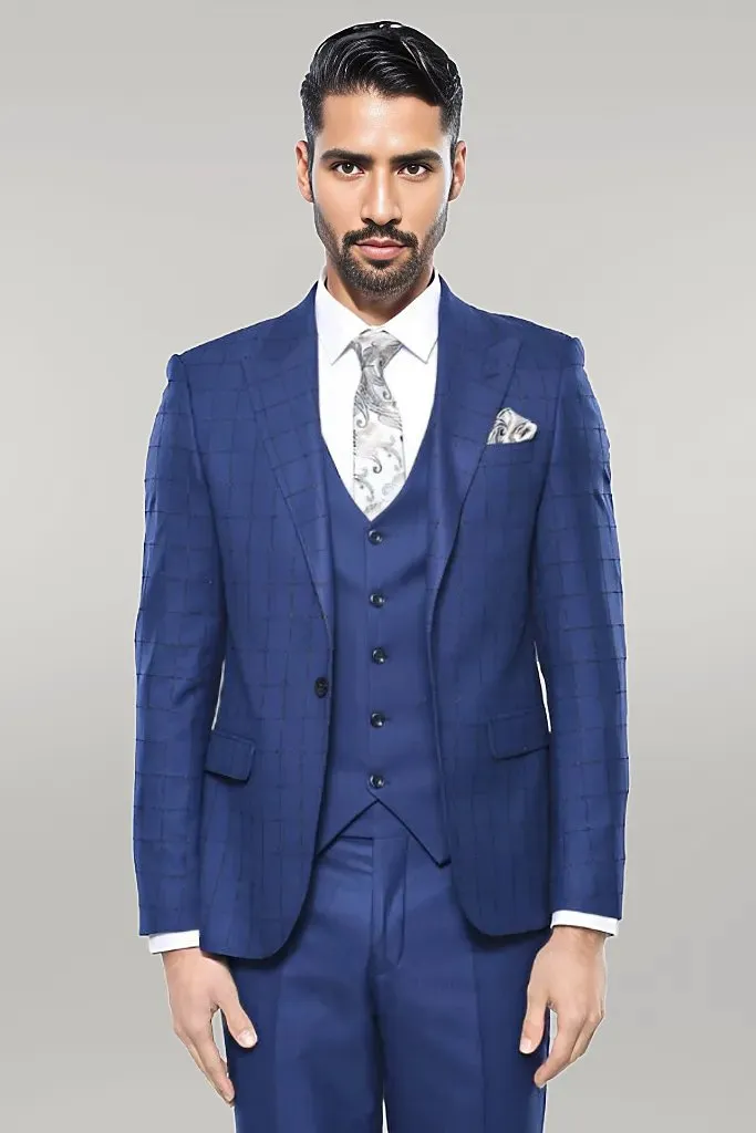 Blue Vested Suit With Plaid Blazer - Wessi