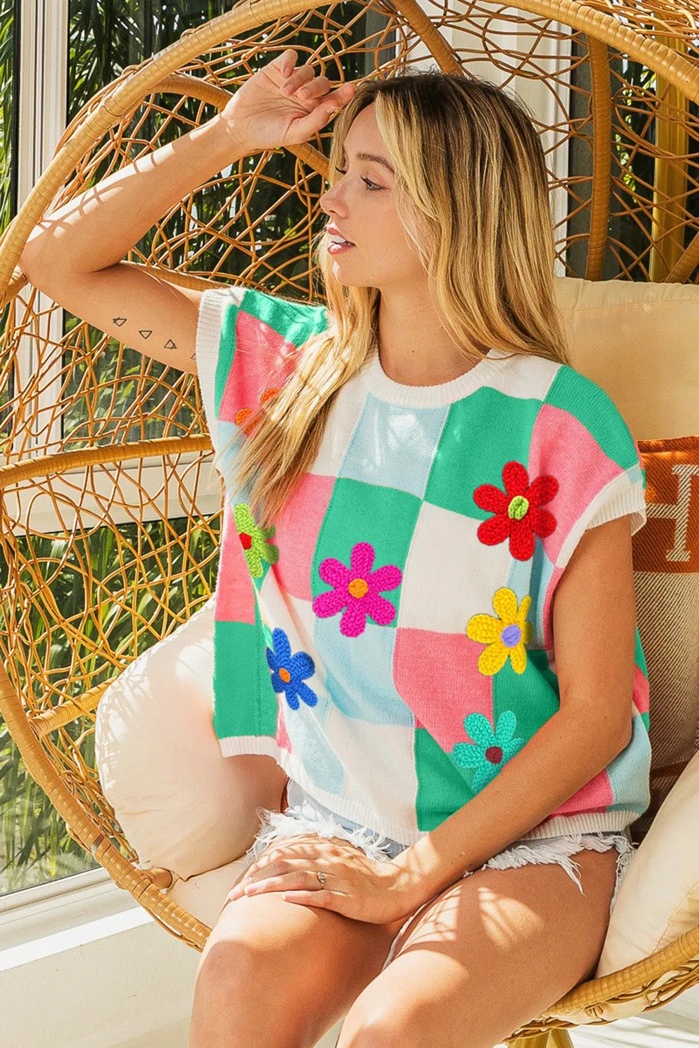 Blue Zone Planet |  BiBi Flower Patch Checkered Sweater Vest