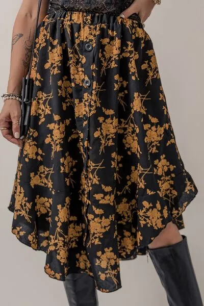 Blue Zone Planet |  Floral Buttoned Ruffle Hem Skirt