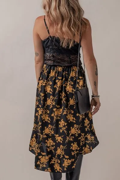 Blue Zone Planet |  Floral Buttoned Ruffle Hem Skirt