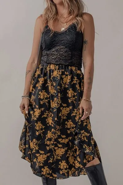 Blue Zone Planet |  Floral Buttoned Ruffle Hem Skirt
