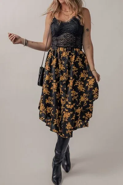 Blue Zone Planet |  Floral Buttoned Ruffle Hem Skirt