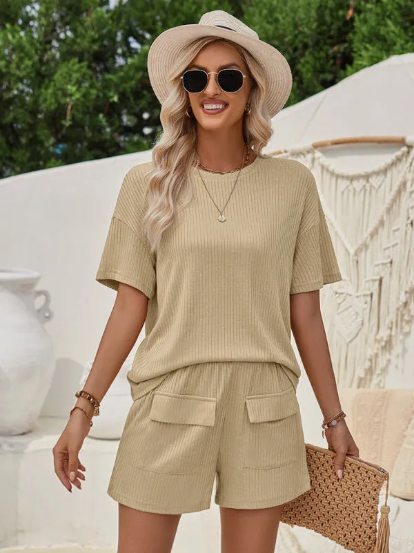 Blue Zone Planet |  Loose round neck solid color short sleeve top and shorts suit