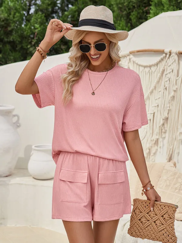 Blue Zone Planet |  Loose round neck solid color short sleeve top and shorts suit