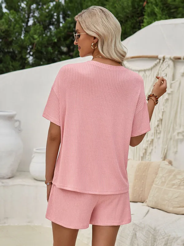 Blue Zone Planet |  Loose round neck solid color short sleeve top and shorts suit